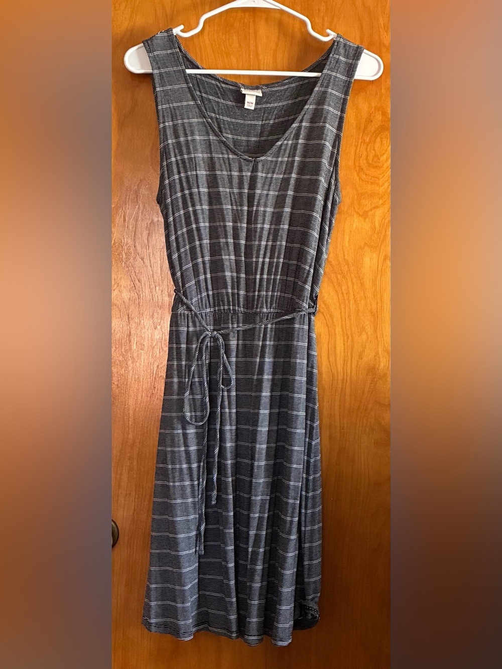Merona Sleeveless Midi Dress in Black and Gray Stripe with Waist Tie